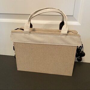 JACQUELINE KANGLEY HANDBAG 2 HANDLE TOTE FAUX OSTRICH SILK FABRIC CREAM BLACK